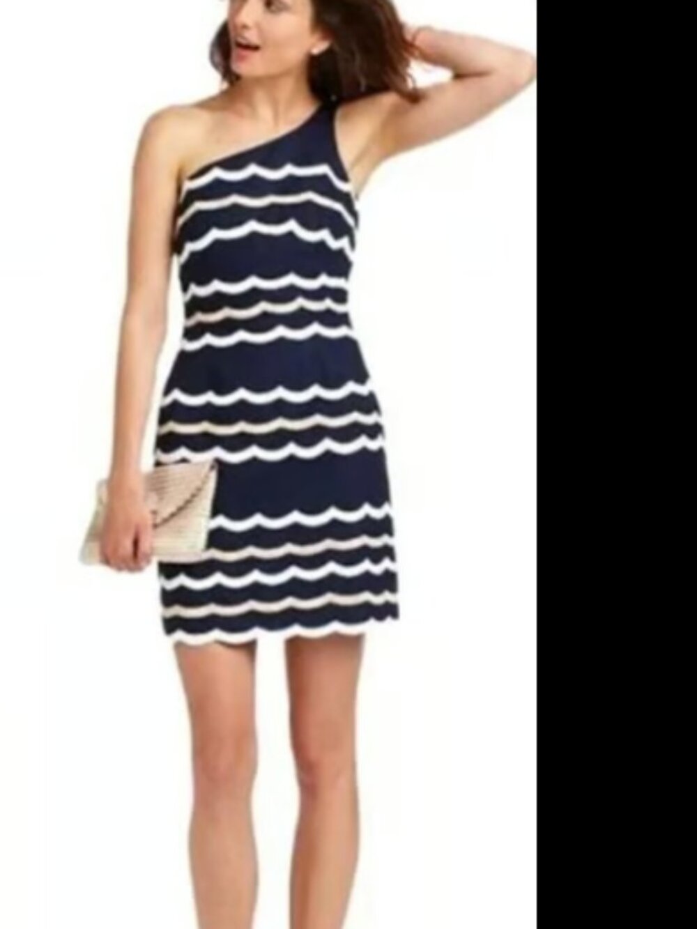 Lilly Pulitzer One Shoulder Dress Tylar Scallop Stripe Navy MSRP $298 Sz 8